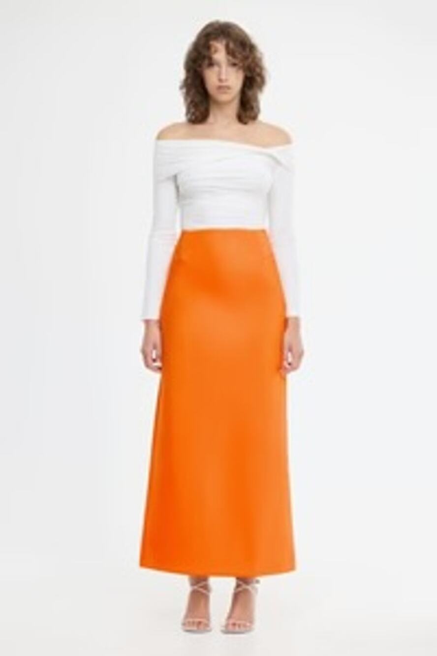 ACLER Balderstone Maxi Skirt Tangerine Orange Scuba US 4 NWT Quiet Luxury Event